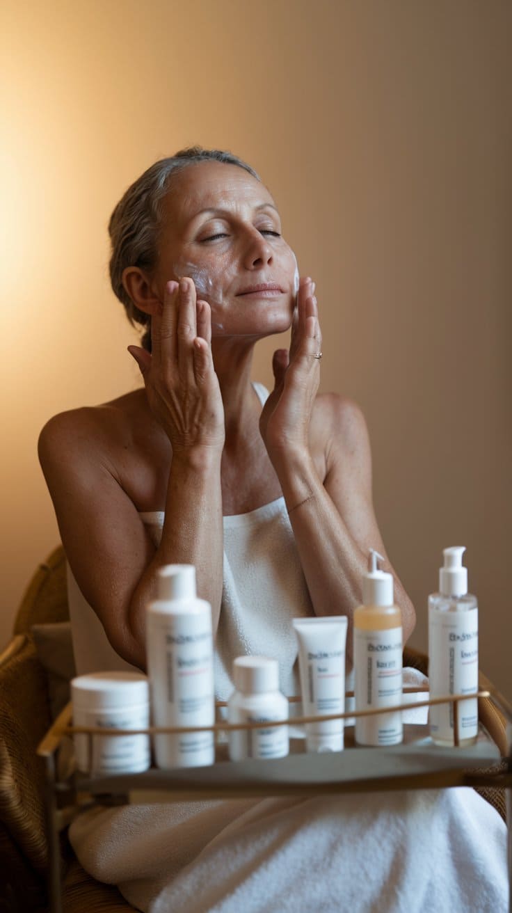 Middle-aged woman applying skincare