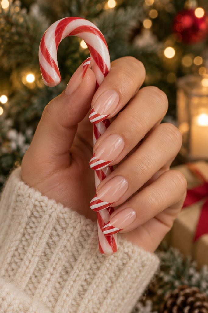 Almond nails with red and white candy cane French tips holding a candy cane