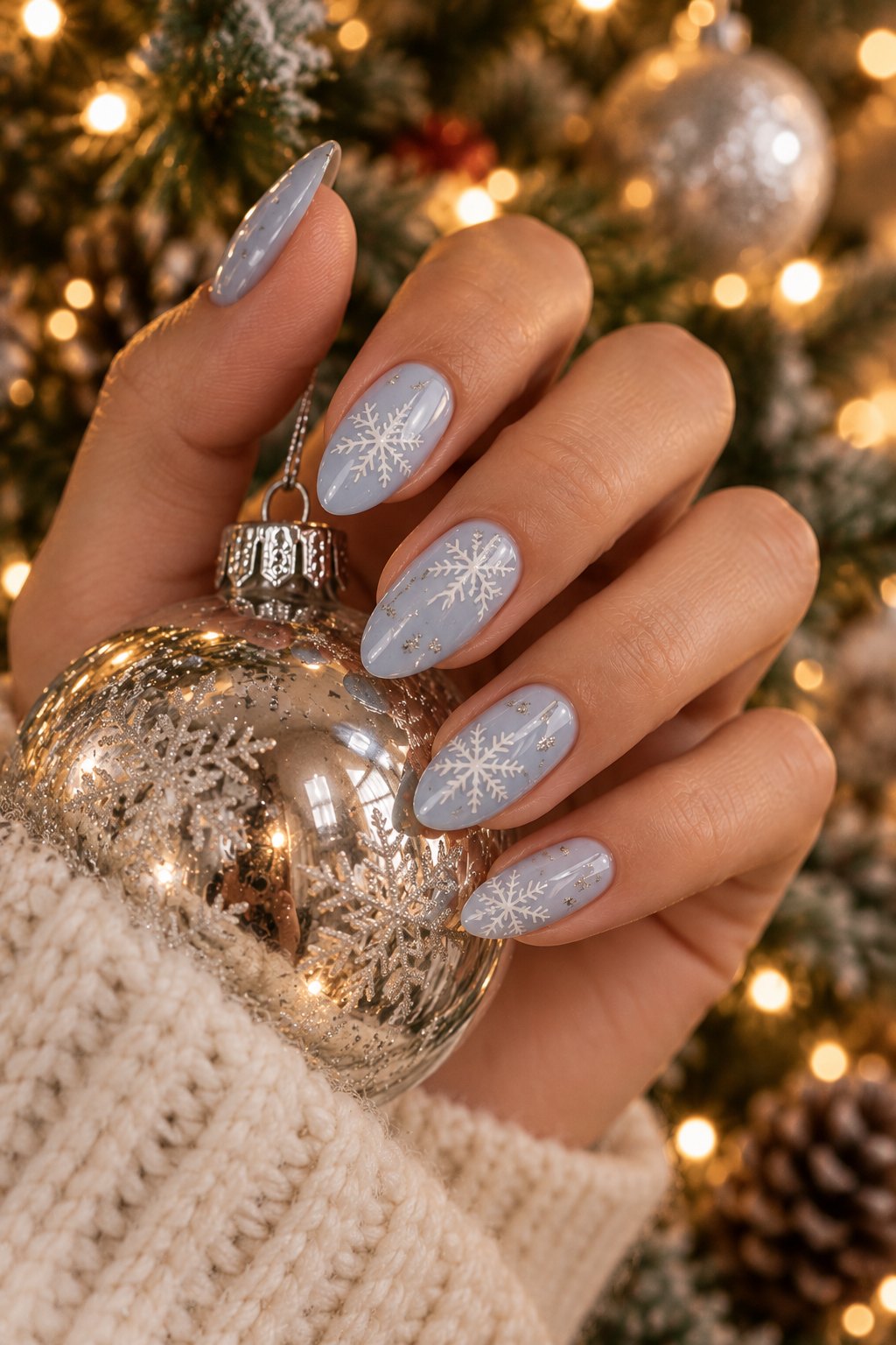 Icy pale blue almond nails with white and silver snowflakes holding a silver ornament