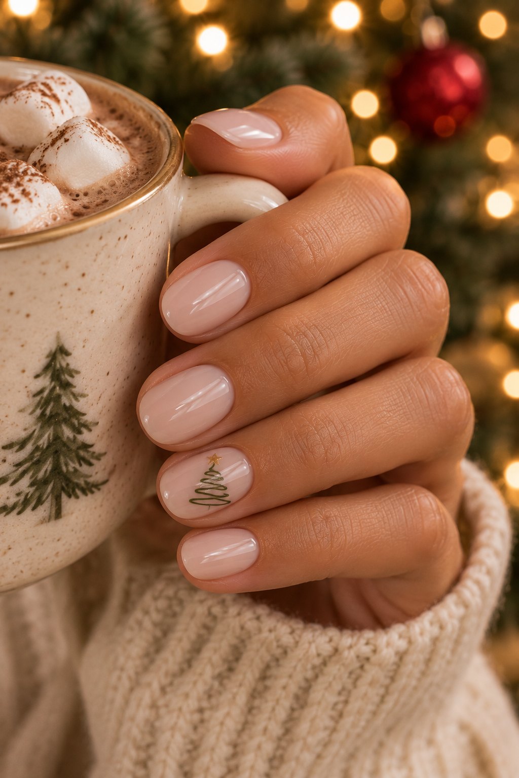 Milky nude short nails with a minimalist Christmas tree accent nail holding hot cocoa