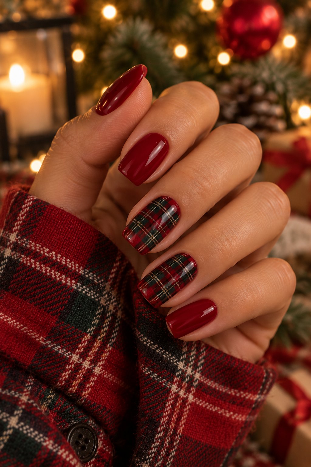 Deep red square nails with red green and black tartan plaid accent nails
