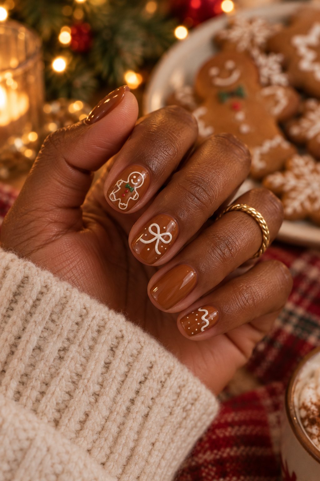 Caramel brown short nails with gingerbread cookie and white icing details