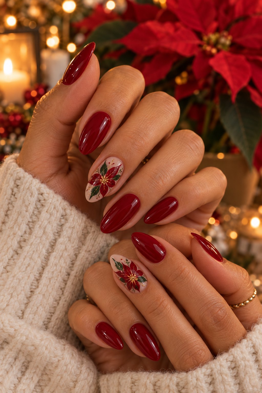 Deep red almond nails with a hand-painted poinsettia flower accent nail