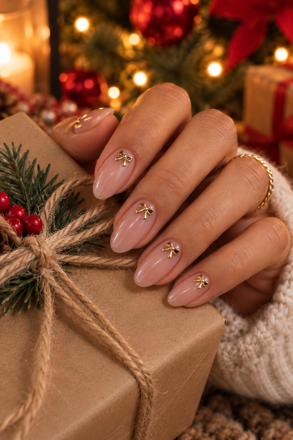 Sheer nude almond nails with tiny 3D gold bow charms on a kraft paper gift