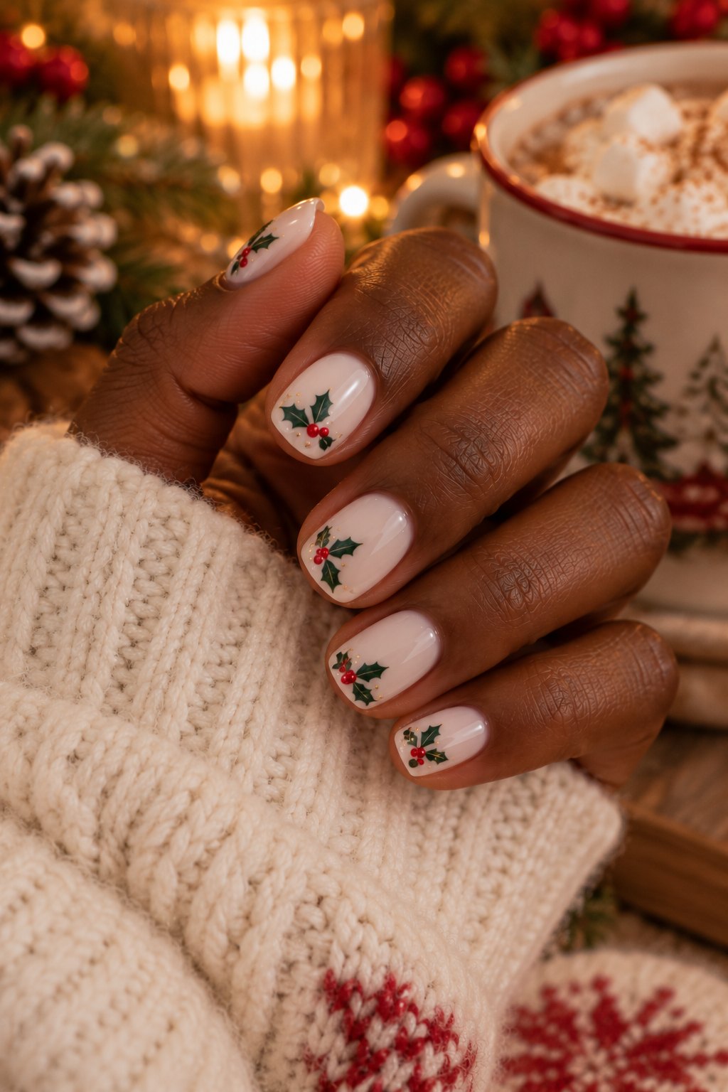 Short glossy white nails with hand-painted holly leaves and red berries