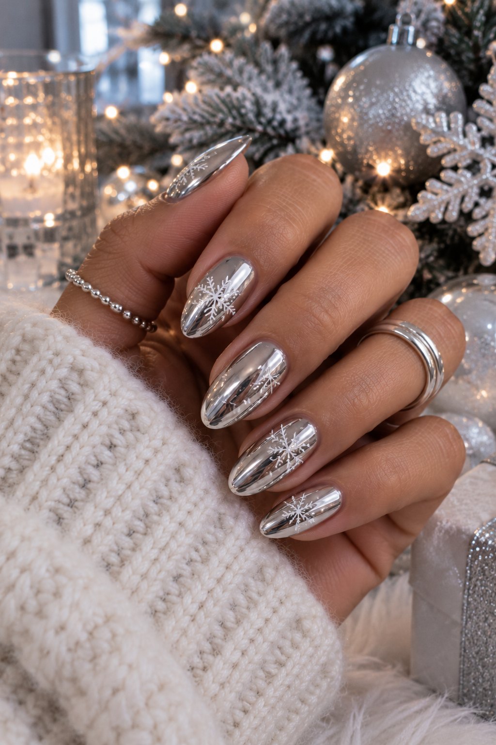 Silver chrome almond nails with white snowflake decals