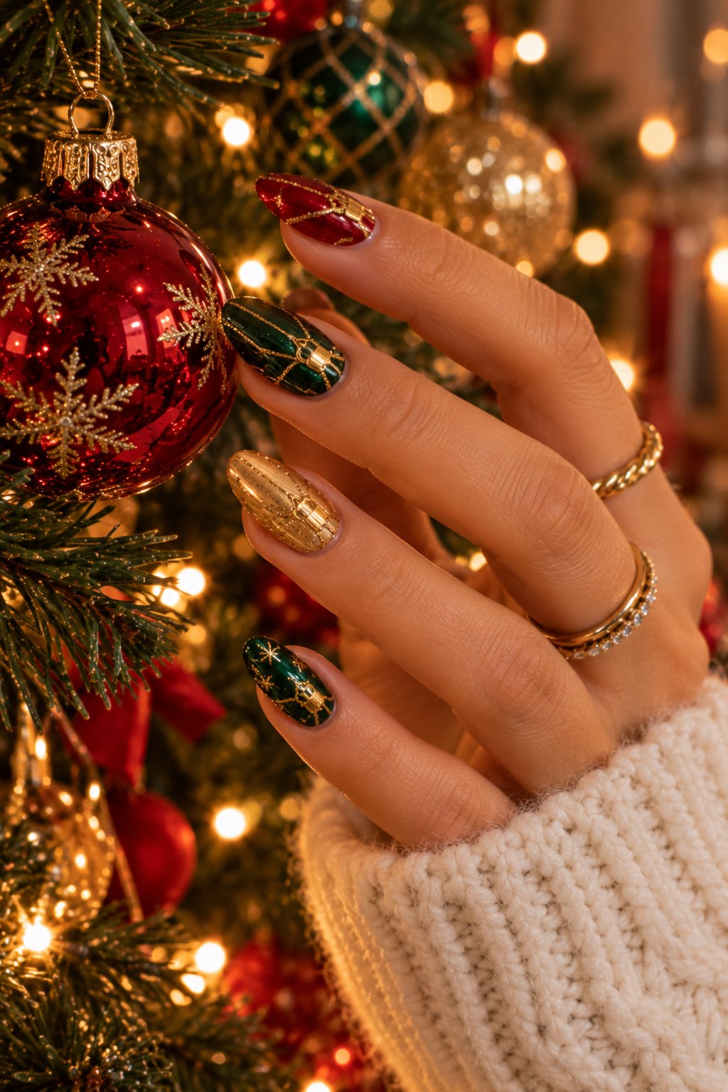 Almond nails painted like red green and gold Christmas ornaments by a decorated tree