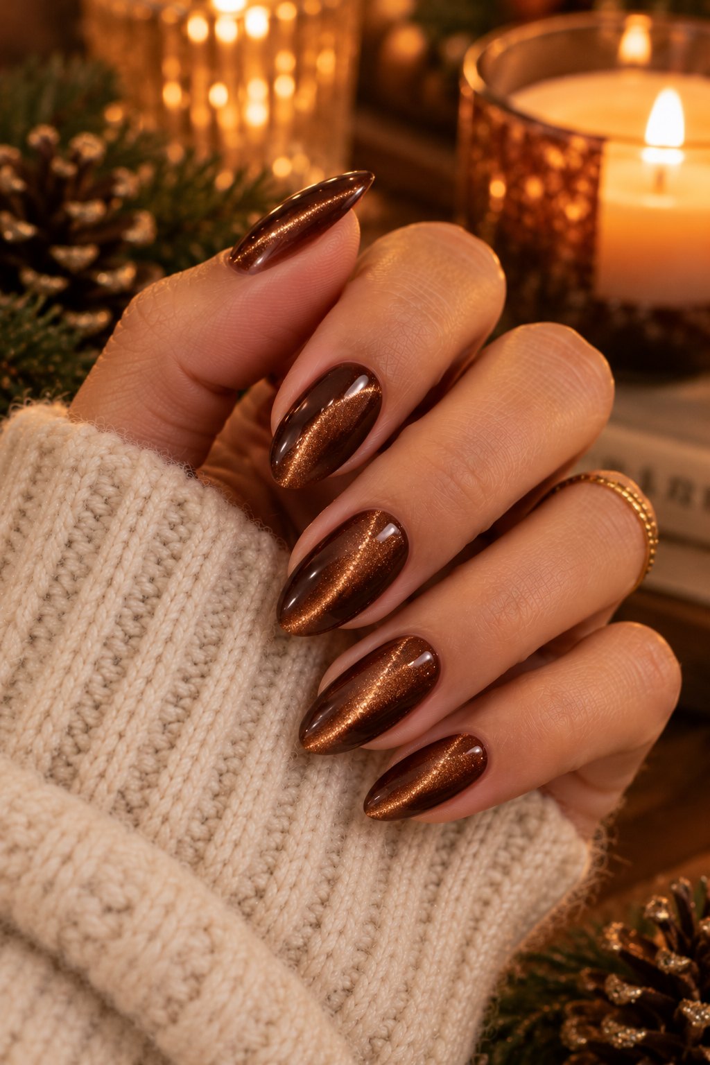 Chocolate brown velvet cat-eye almond nails by candlelight