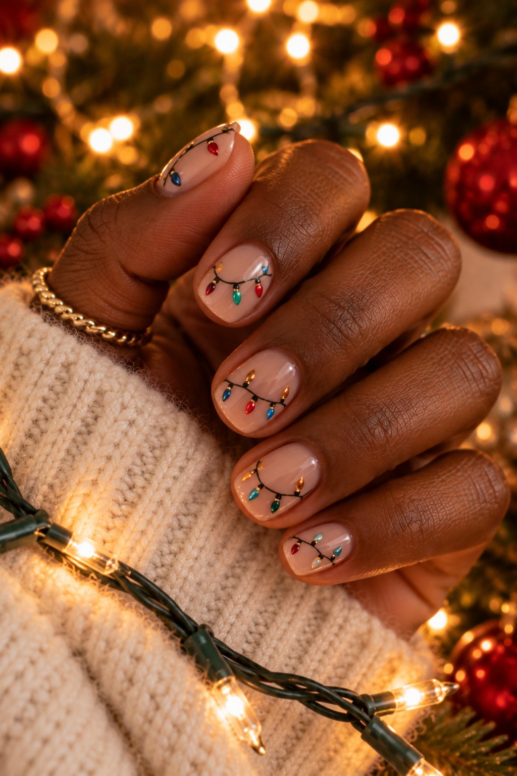 Short nude nails with painted multicolor Christmas light bulbs