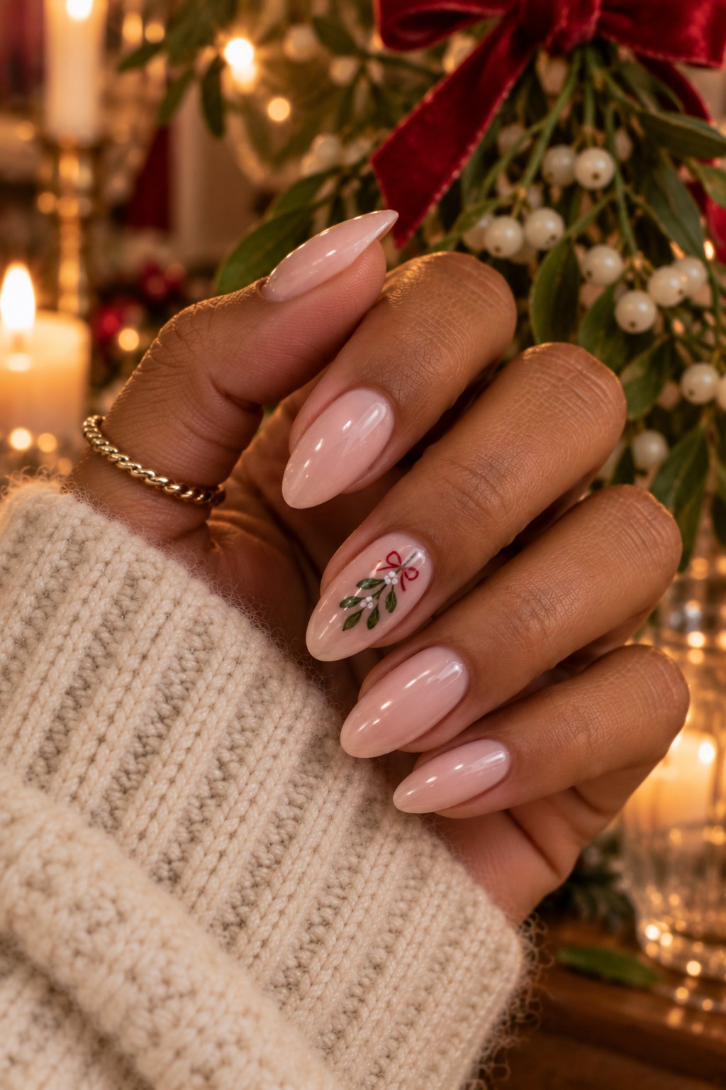 Milky pink almond nails with a mistletoe sprig accent nail