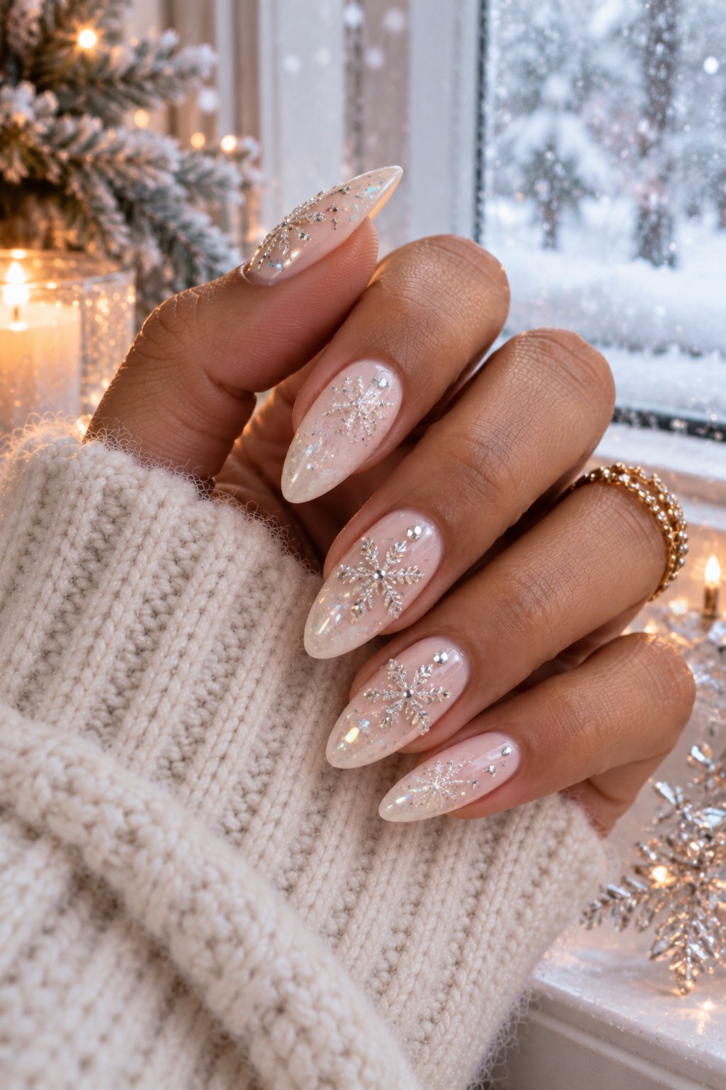 Milky white almond nails with iridescent glitter and 3D snowflake gems by a snowy window