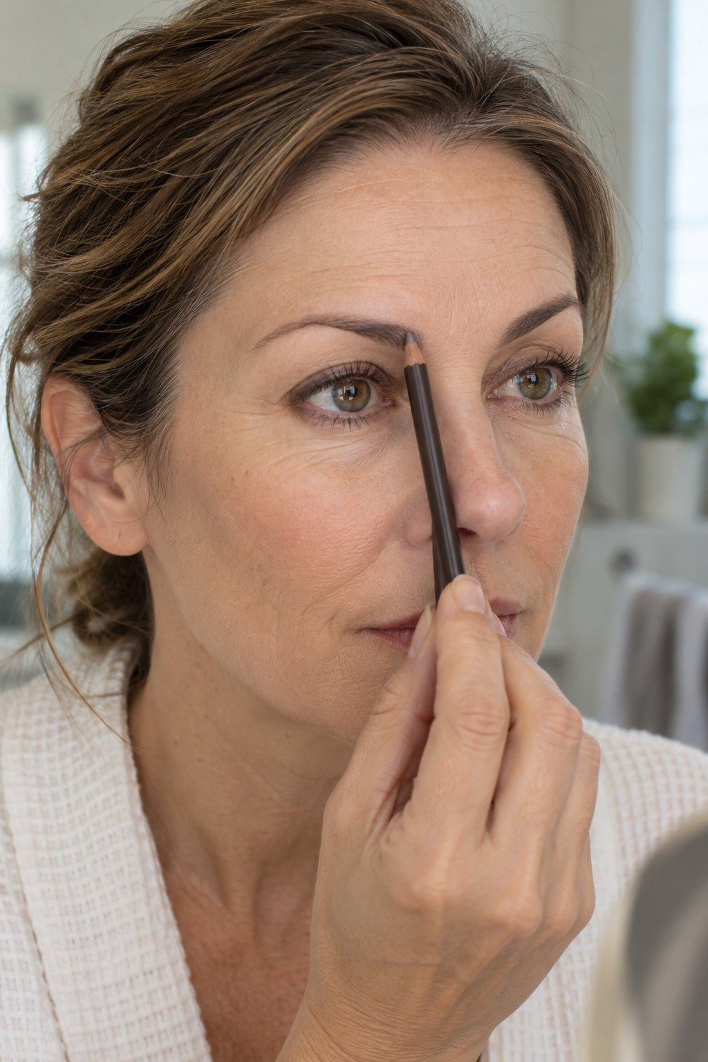 Woman in her late 40s mapping her eyebrow start with a brow pencil