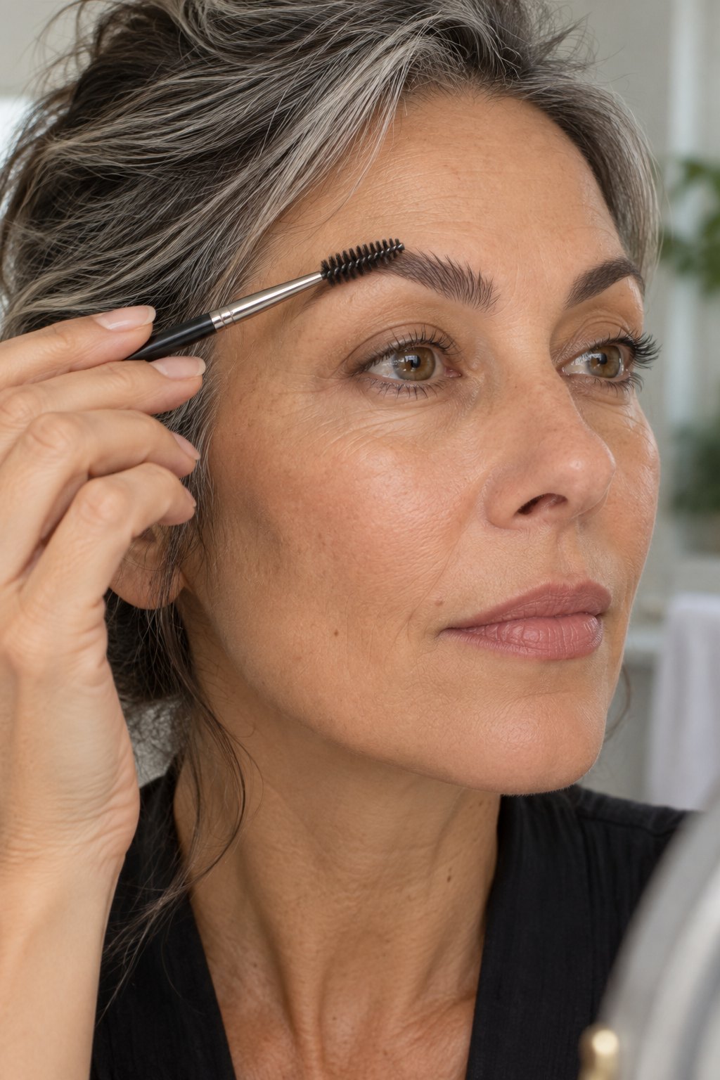 Woman in her early 50s brushing her eyebrows up with a spoolie