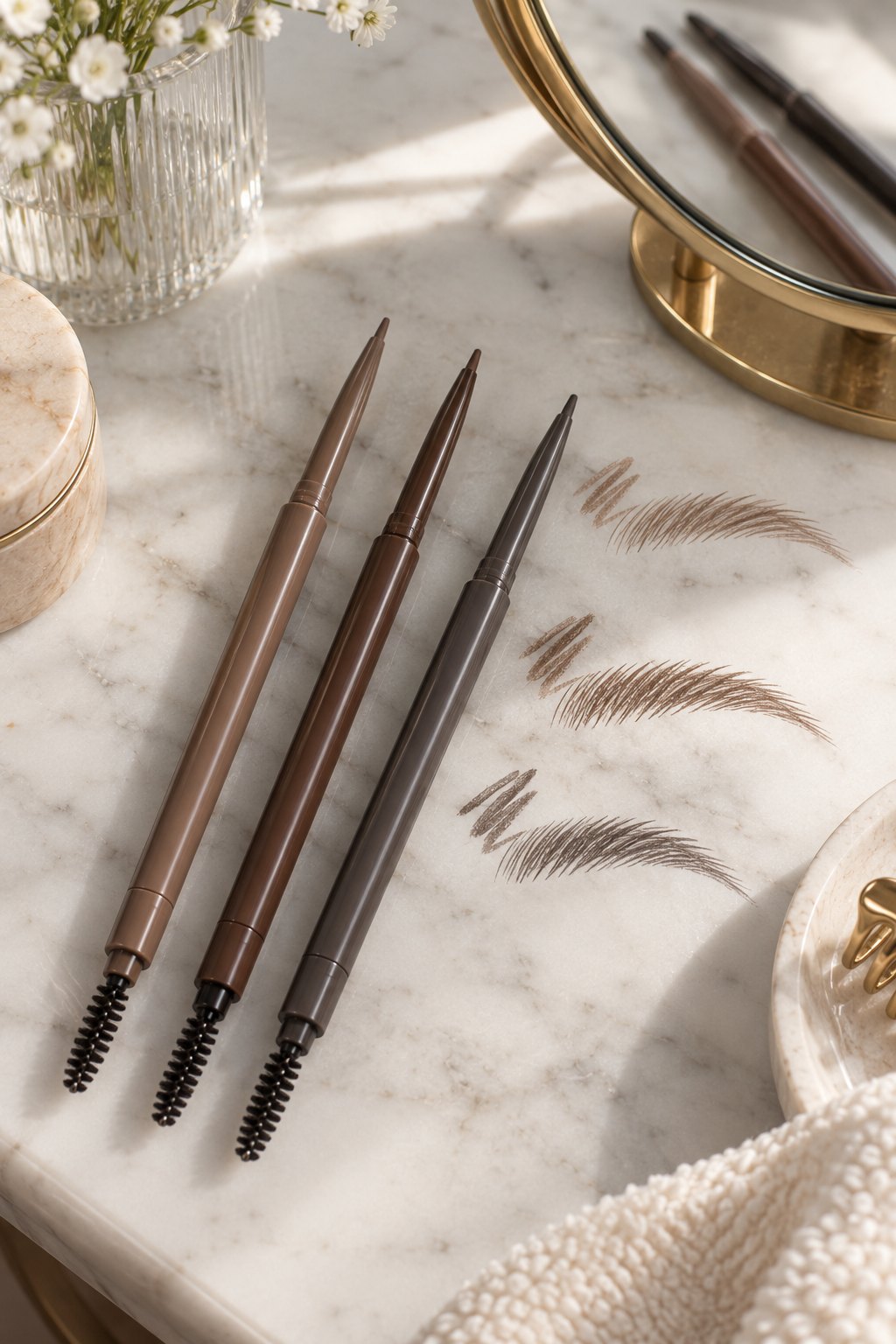 Taupe, soft brown and ash gray brow pencils with swatches on a marble vanity