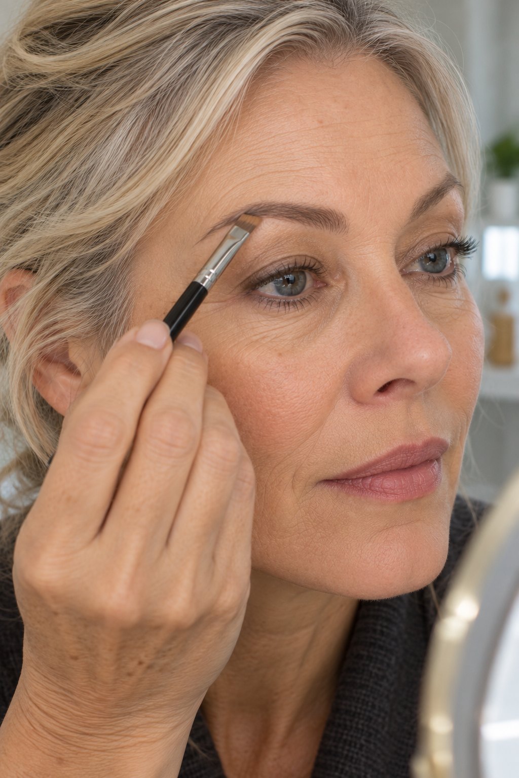 Blonde woman in her mid 50s filling her brows with powder and an angled brush