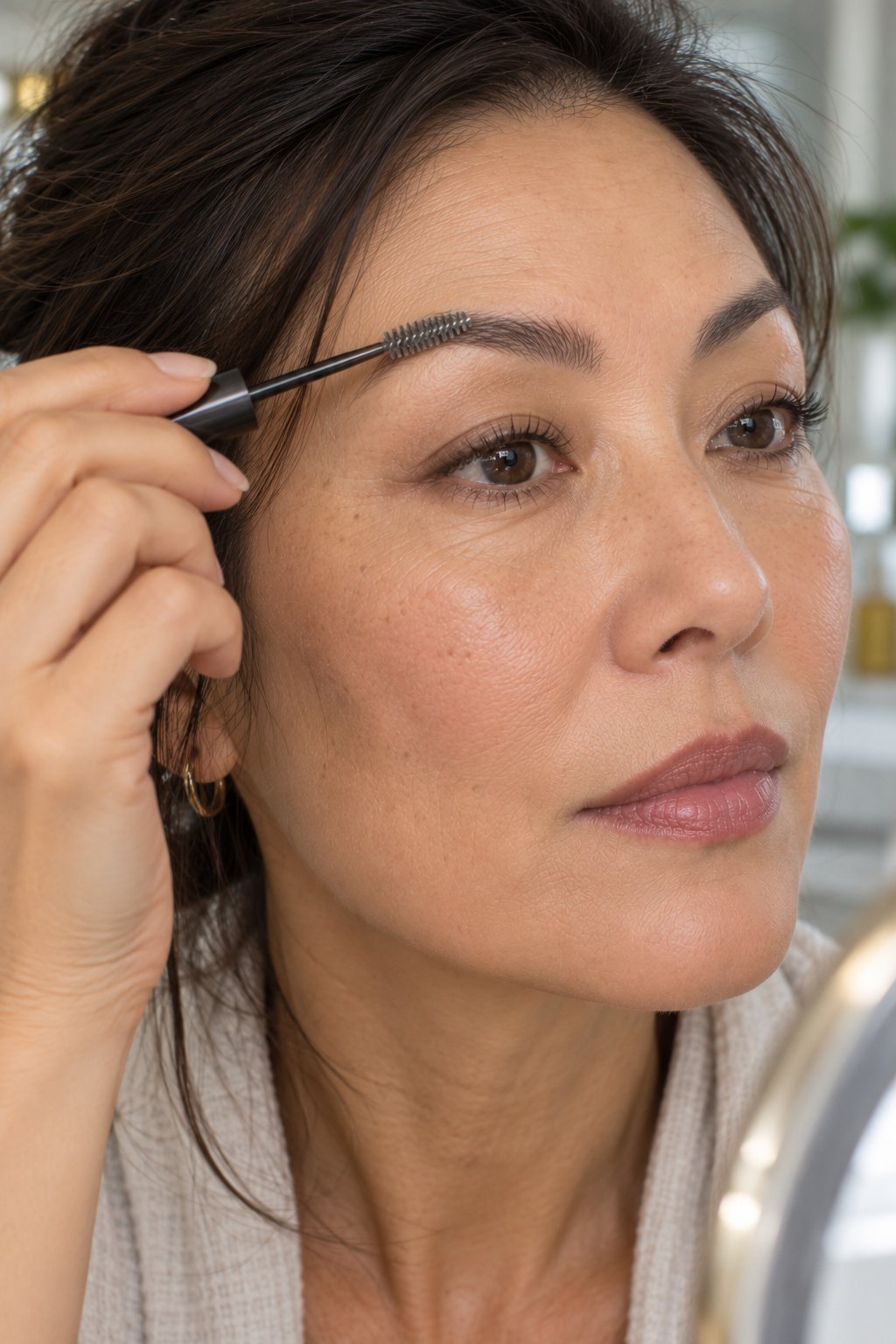 East Asian woman in her late 40s setting her brows with tinted brow gel