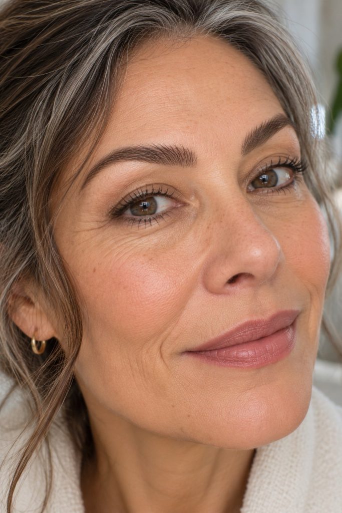 Woman in her early 50s with full fluffy brushed-up natural eyebrows