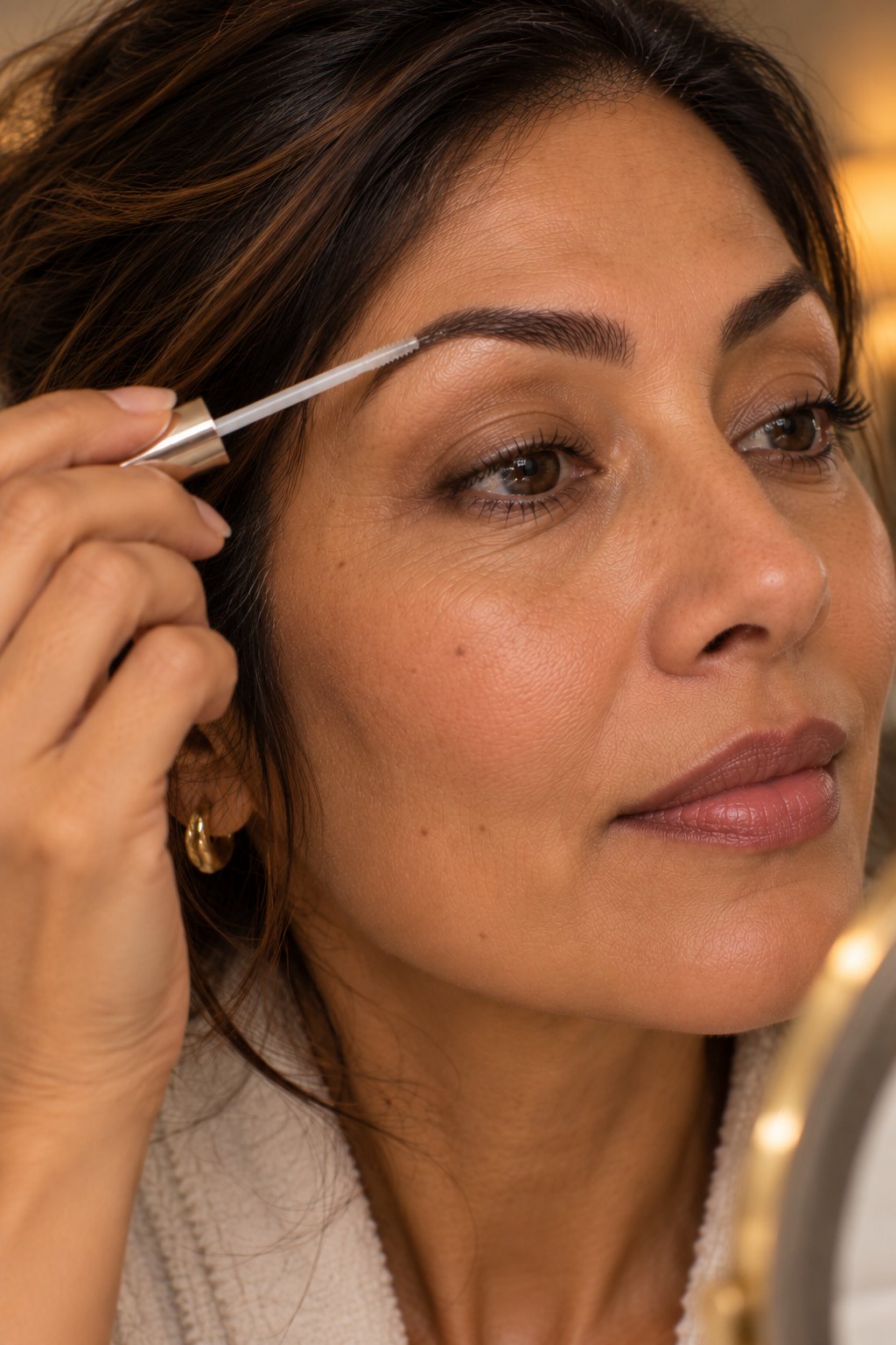 South Asian woman in her late 40s applying eyebrow serum