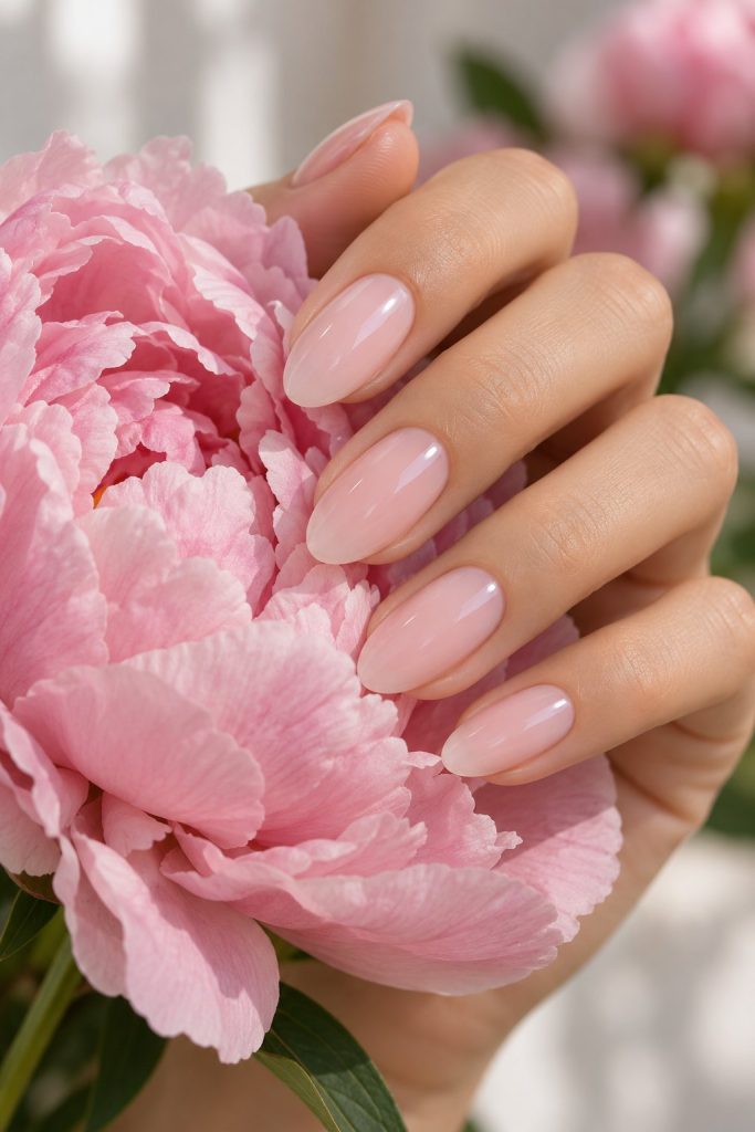 Sheer milky ballet pink almond nails holding a pink peony