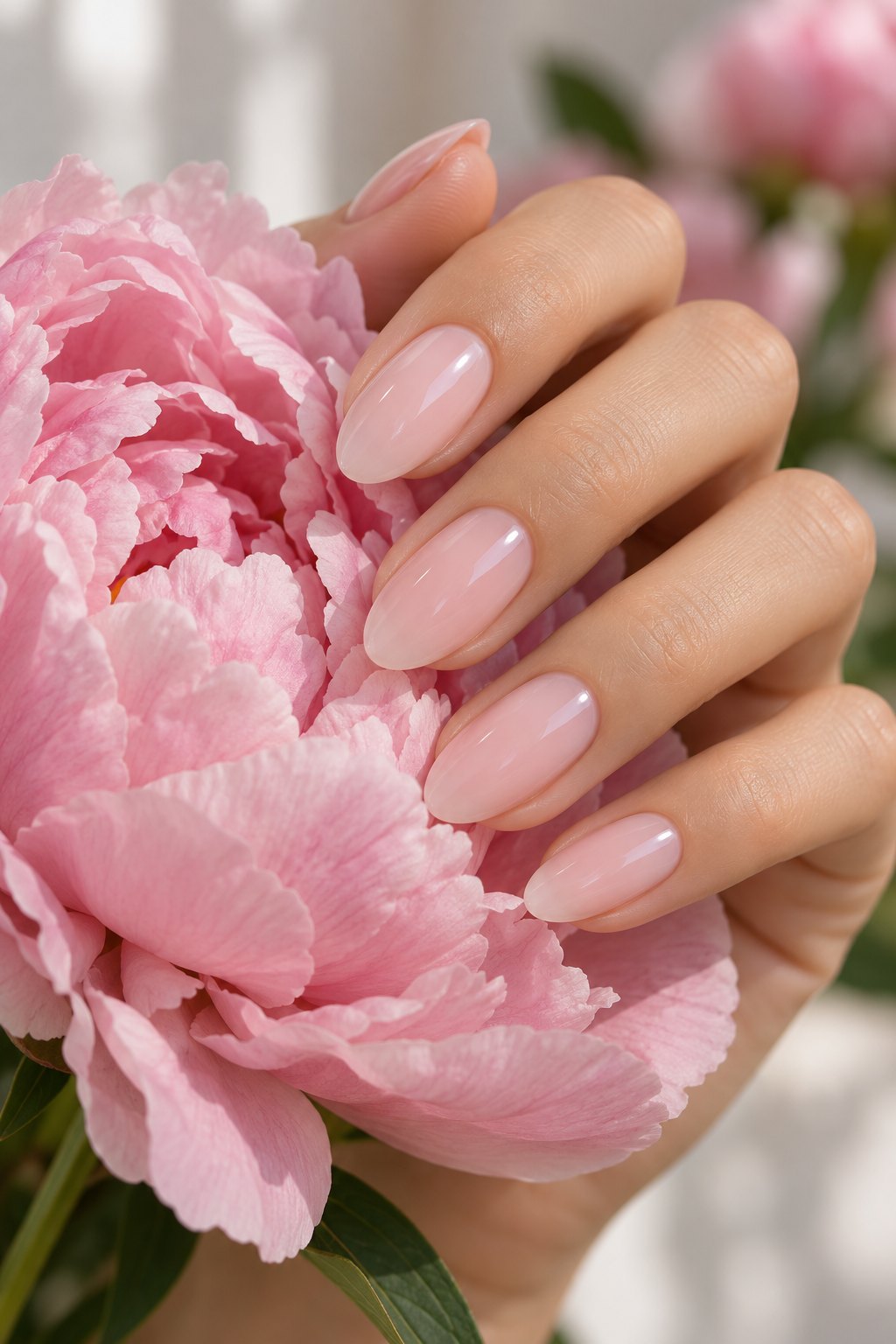 Sheer milky ballet pink almond nails holding a pink peony