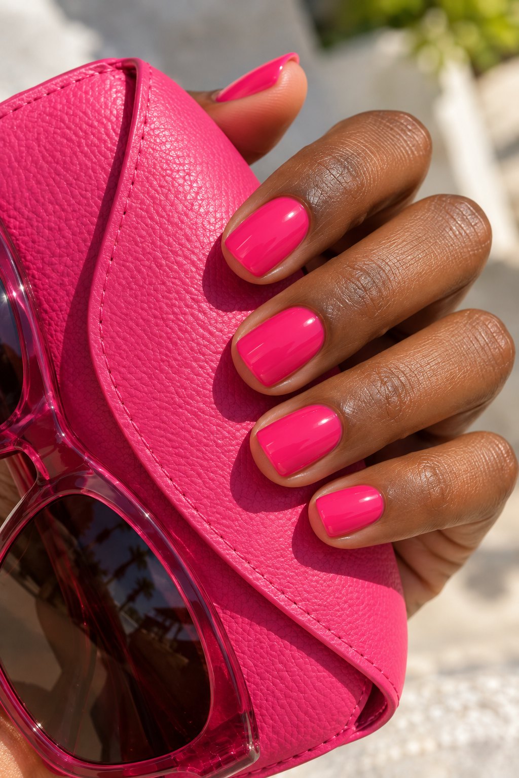 Short glossy hot pink square nails holding a pink case