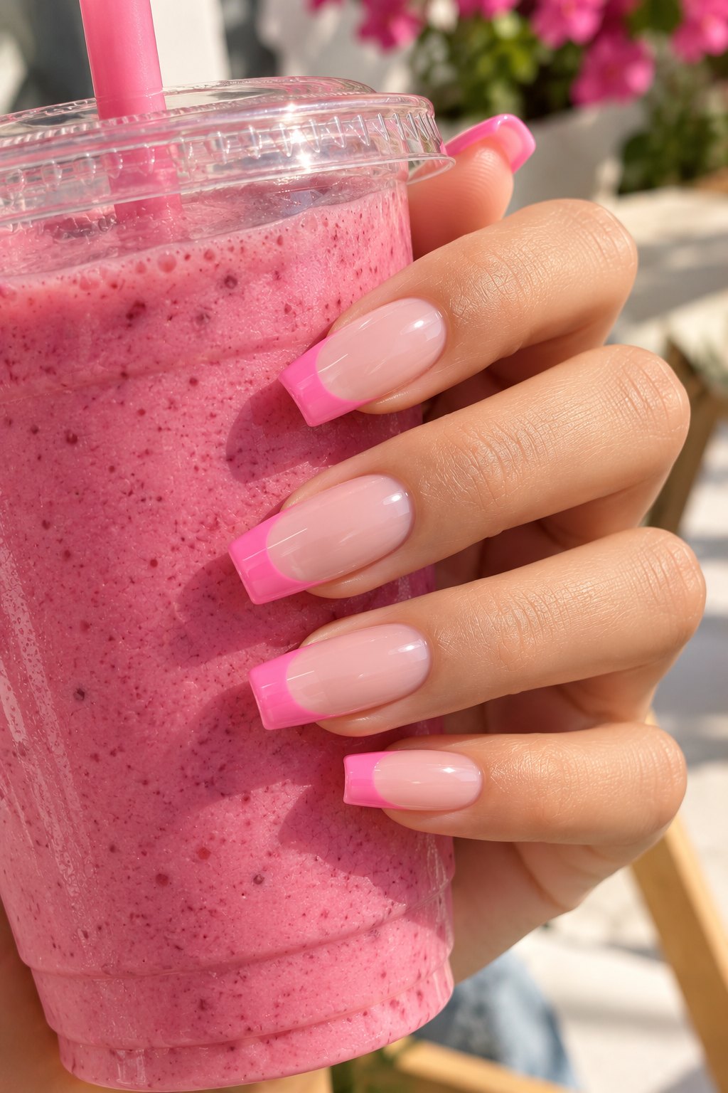 Long square nails with bubblegum pink French tips holding a pink smoothie