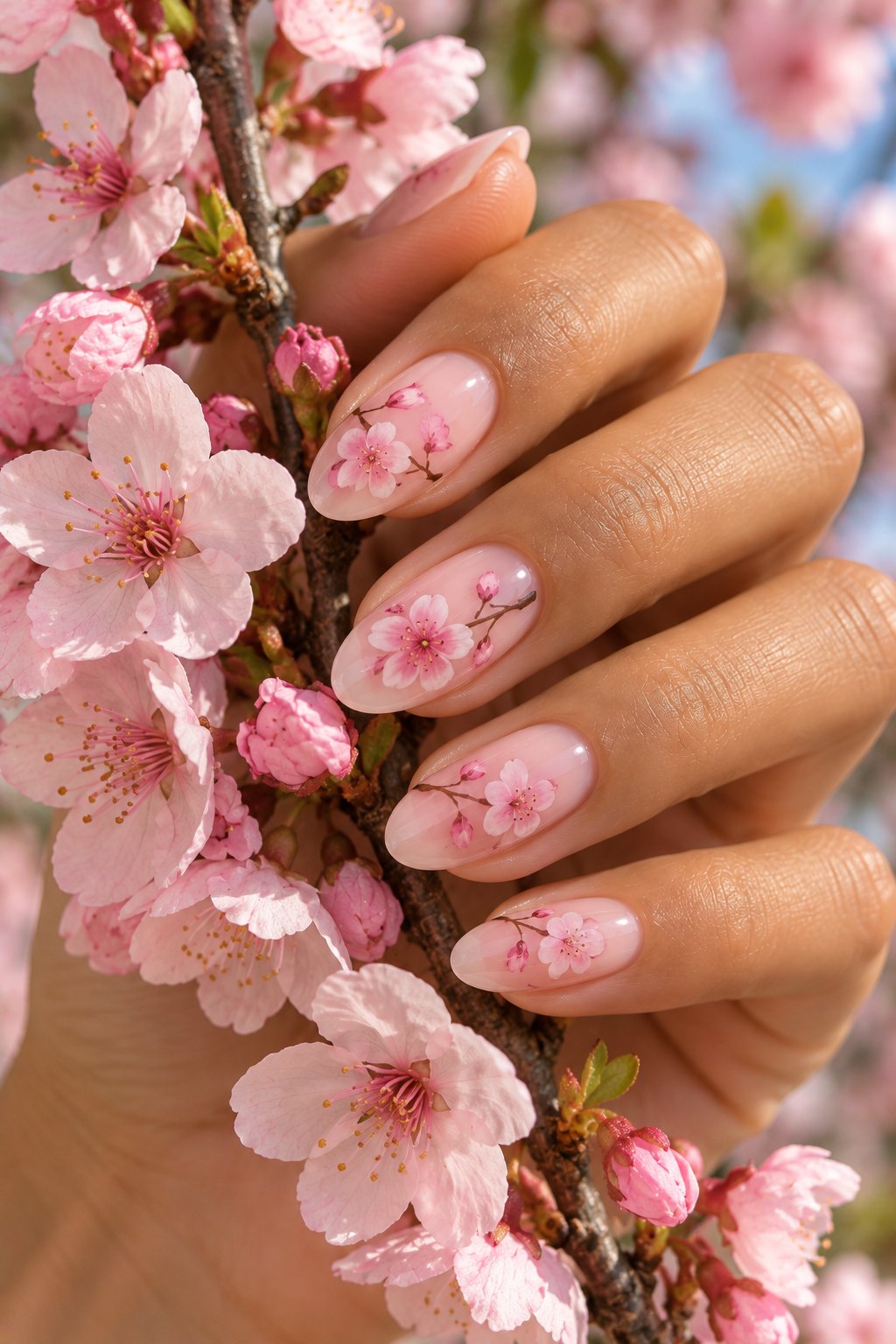 Pale pink almond nails with cherry blossom nail art holding a blossom branch