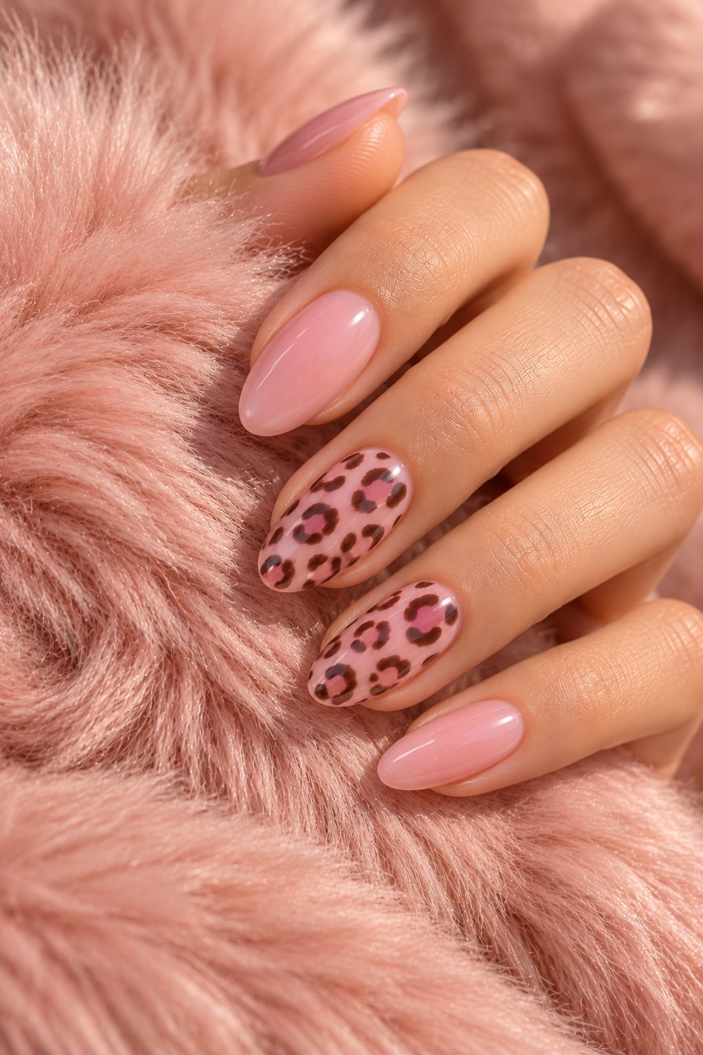Soft pink almond nails with pink leopard print accent nails on blush faux fur