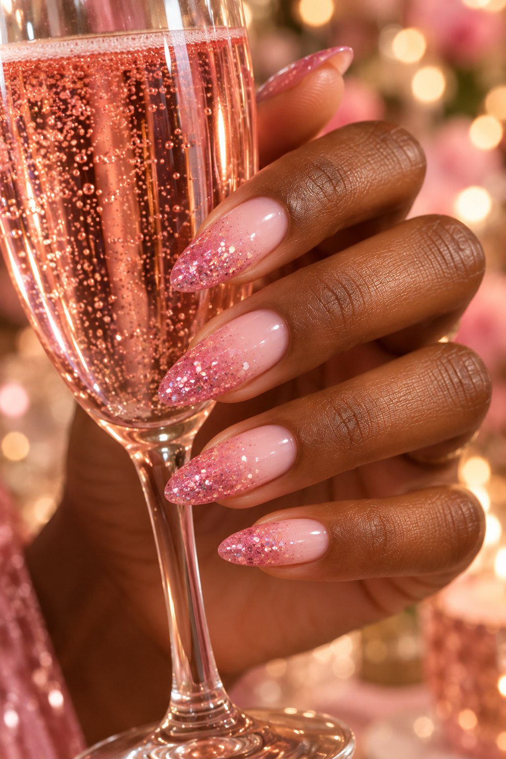 Long almond nails with a pink glitter gradient holding pink champagne