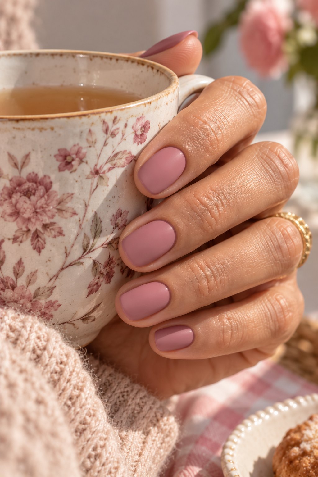 Short oval nails in matte dusty rose pink holding a floral tea cup