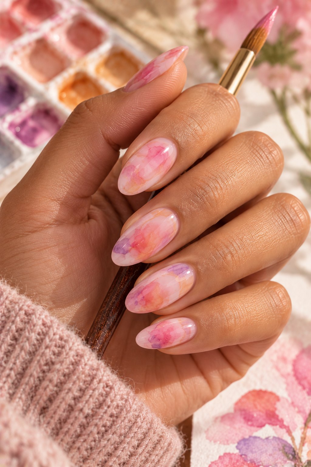 Almond nails with soft pink watercolor nail art holding a paintbrush