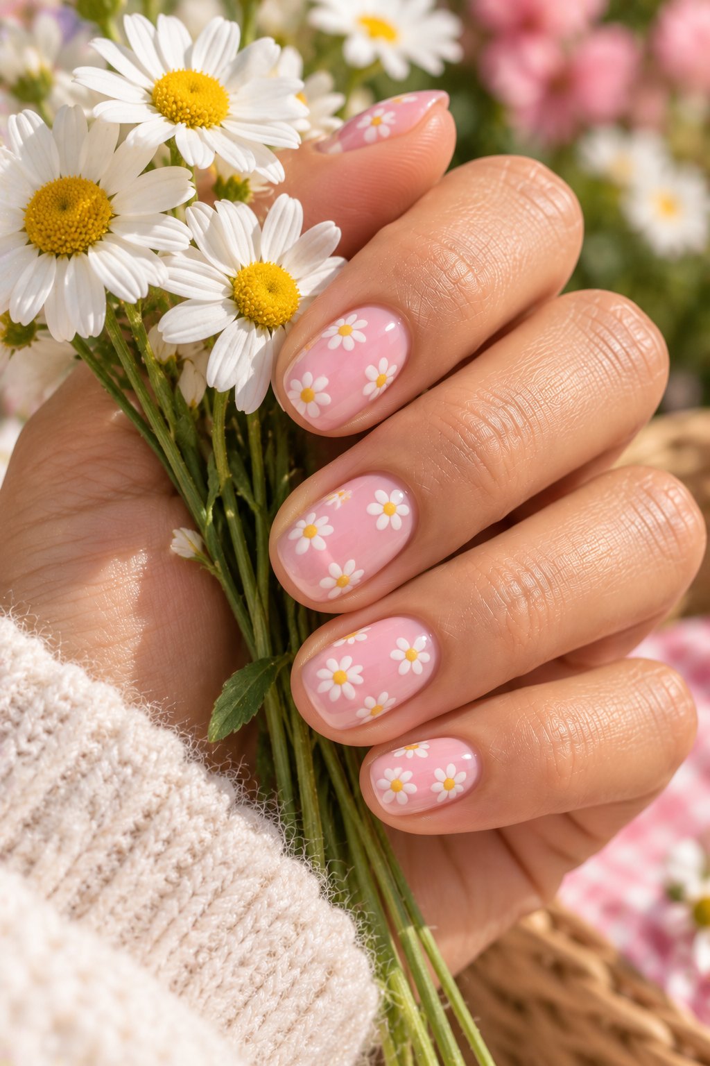Short baby pink nails with white daisy nail art holding fresh daisies