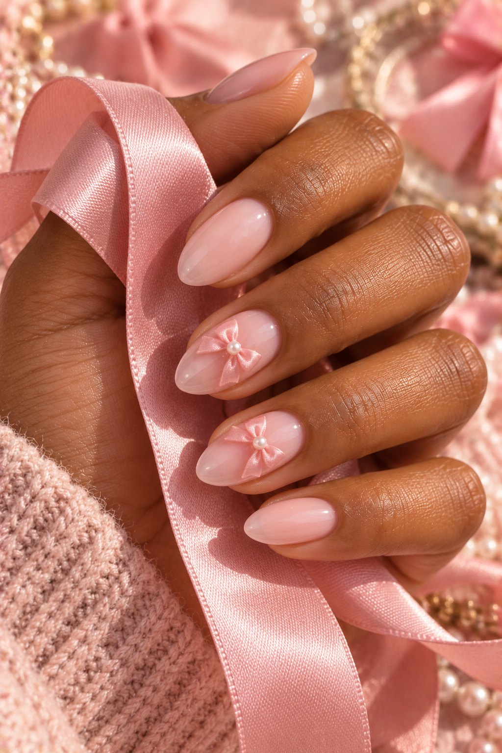 Milky pink almond nails with 3D pink bow charms holding a satin ribbon