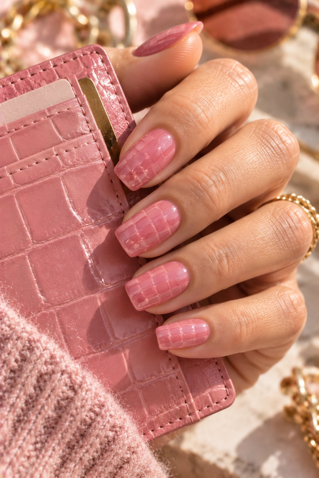 Square nails with glossy pink croc texture holding a pink card holder