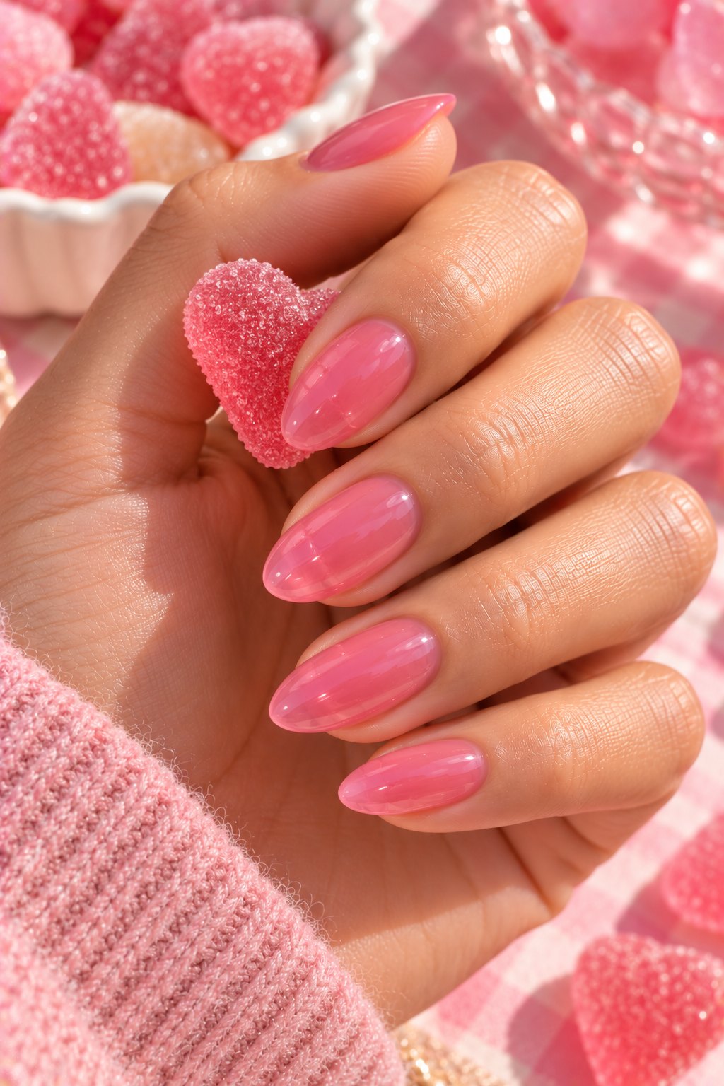 Almond nails in translucent pink jelly polish holding a pink gummy candy