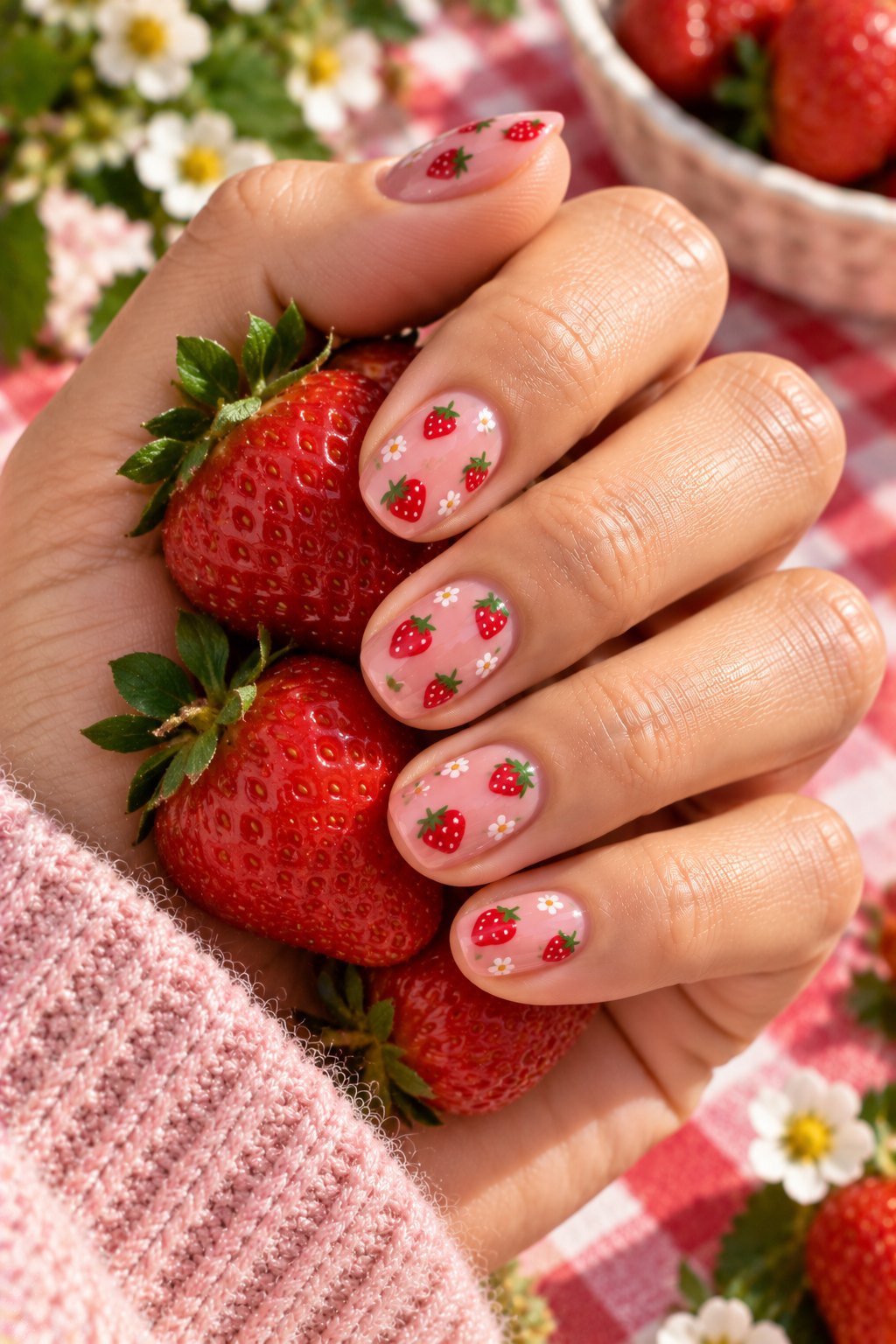 Short soft pink nails with strawberry nail art holding fresh strawberries