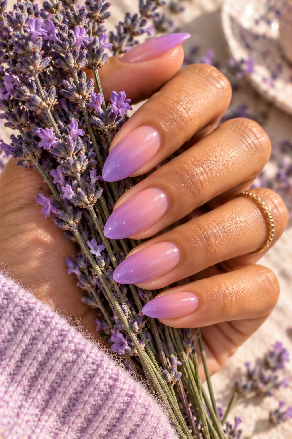 Long almond nails with a pink to lavender ombre holding lavender