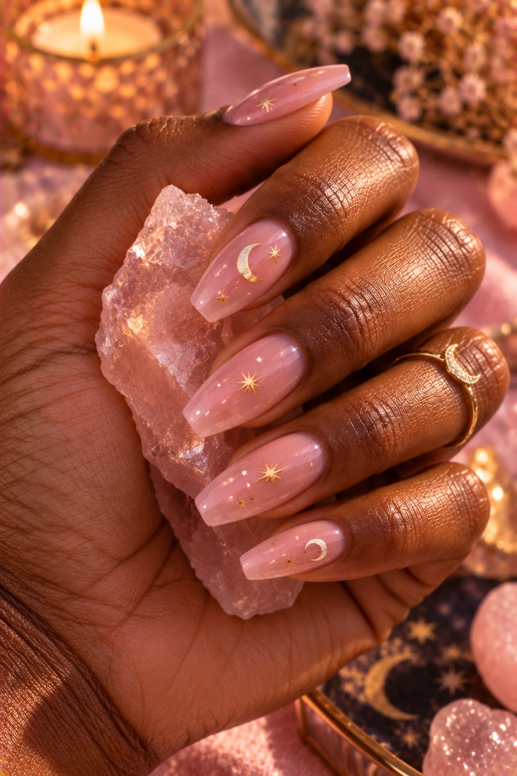 Soft pink coffin nails with gold star and moon details holding a pink crystal