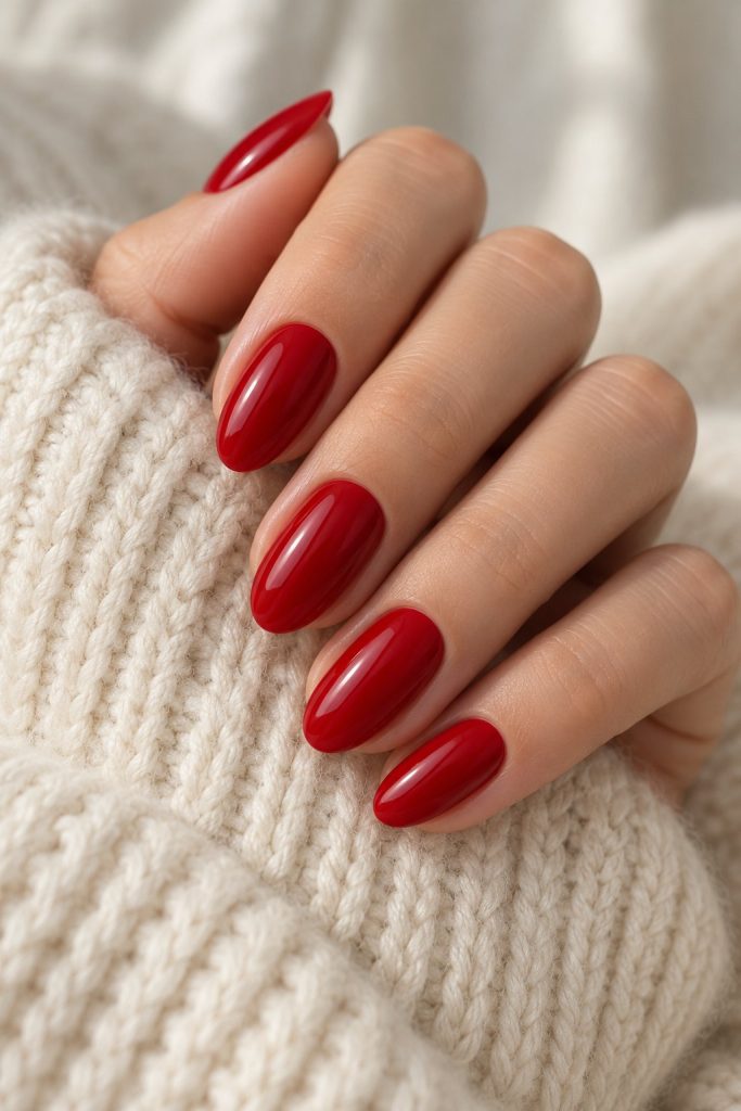 Classic glossy cherry red almond nails on a cream knit sweater
