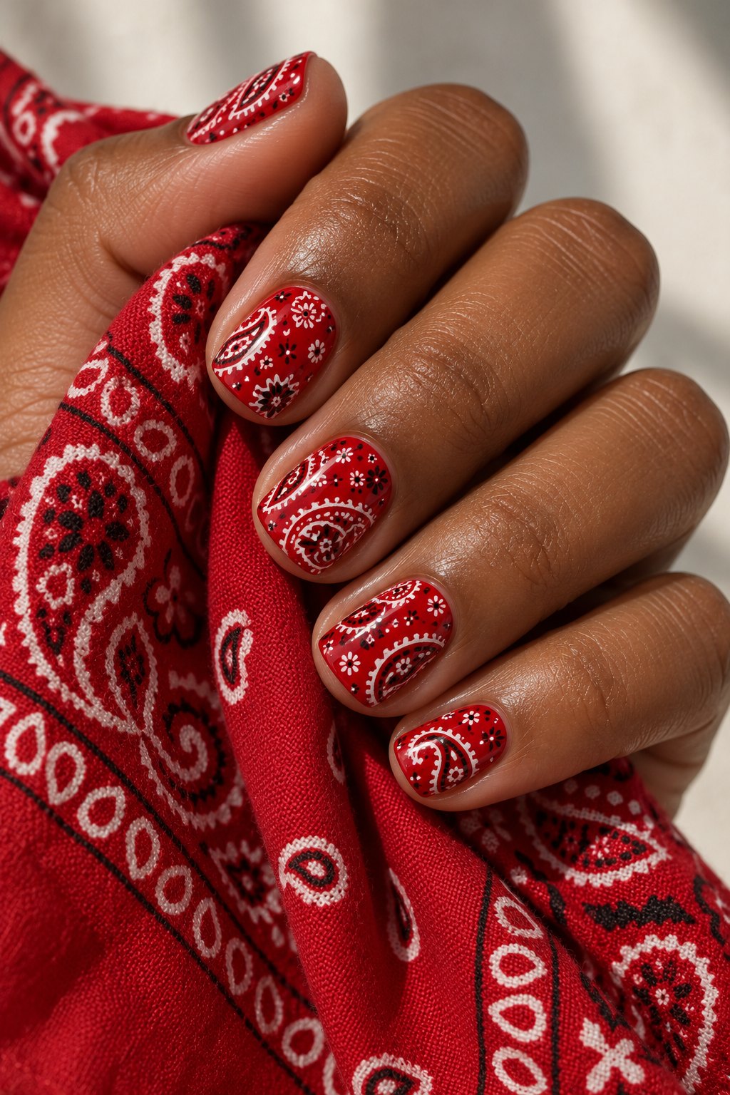 Short red bandana paisley nails holding a red bandana
