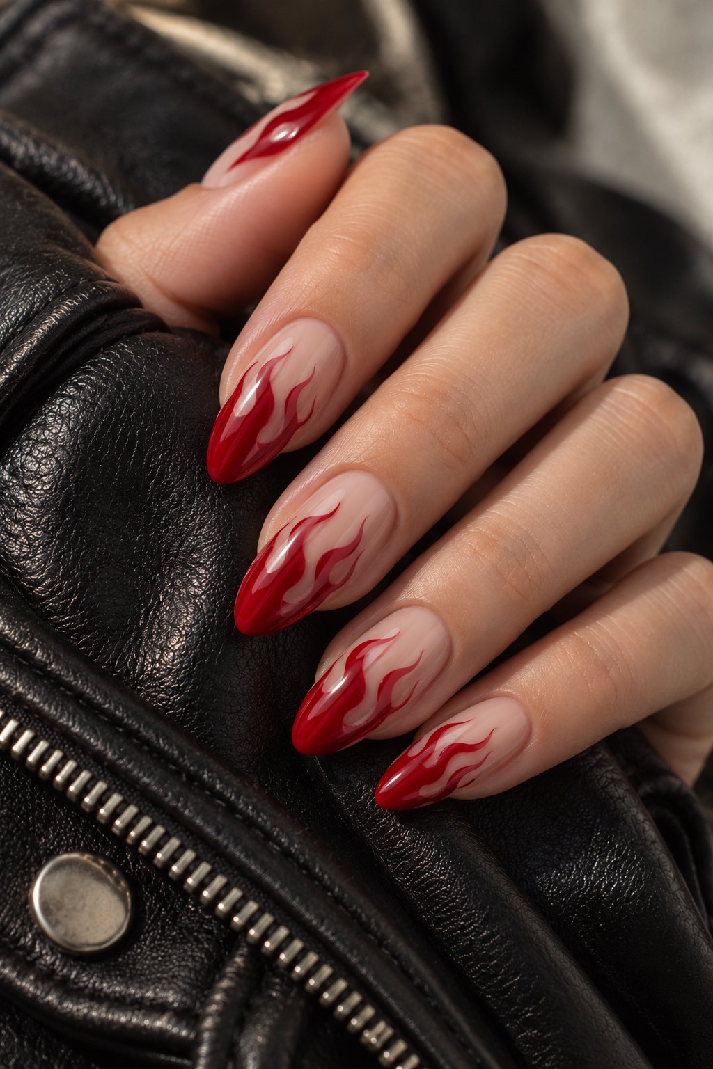 Beige almond nails with red flame nail art on a black leather jacket