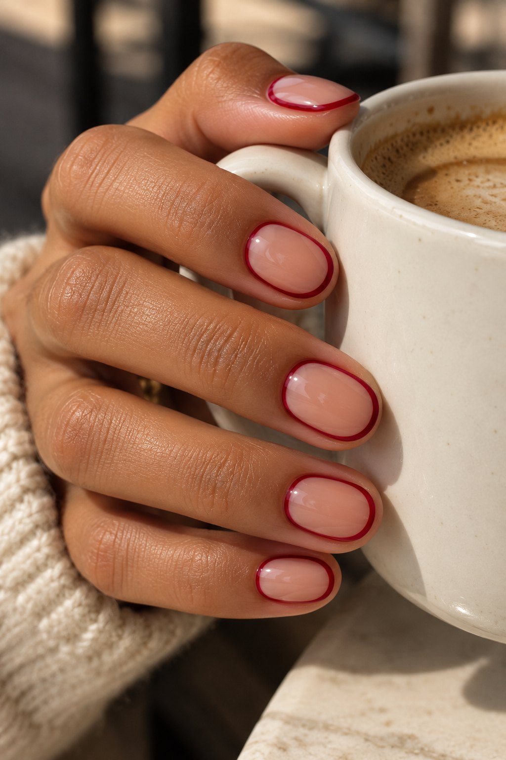 Short oval nails with thin red outline nail art holding a coffee cup
