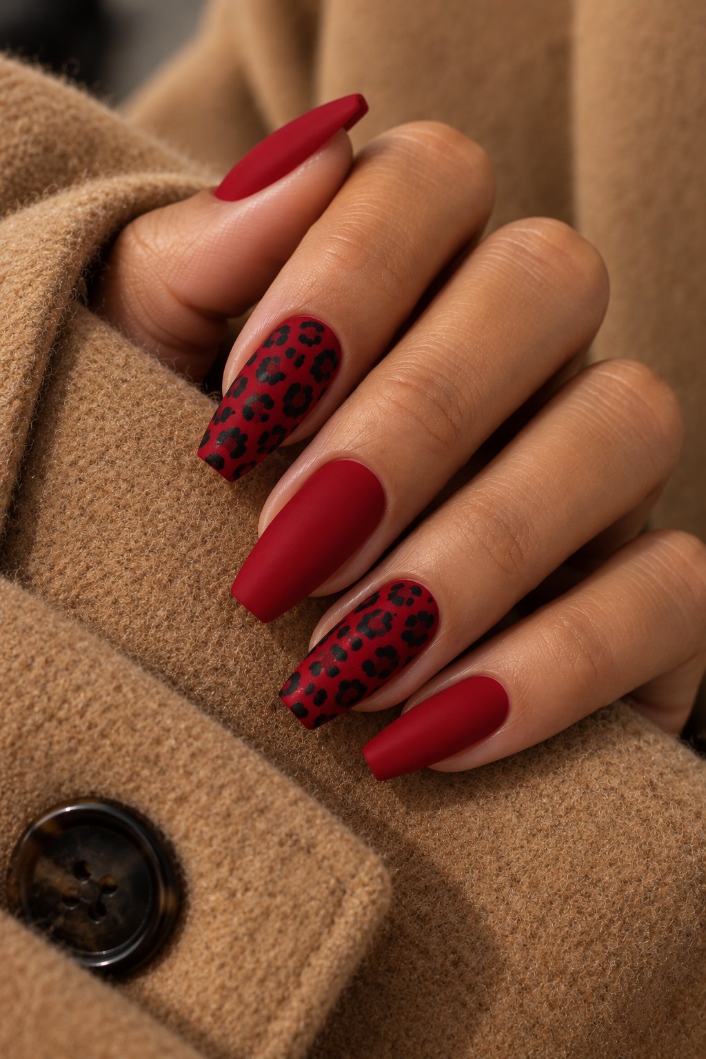 Matte cherry red coffin nails with cheetah print accent nails on a camel coat