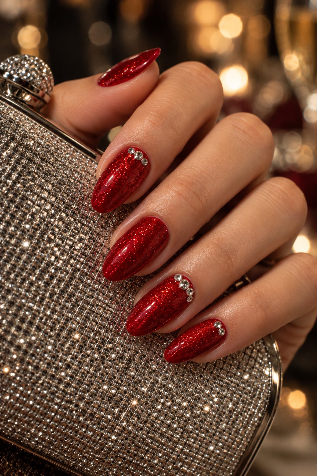 Red glitter almond nails with silver rhinestones holding a sparkly clutch