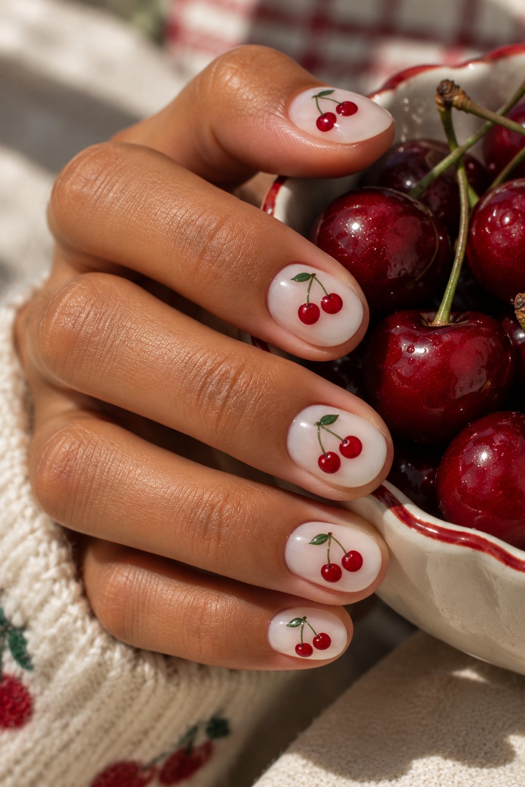 Milky white short nails with red cherry nail art holding a bowl of cherries