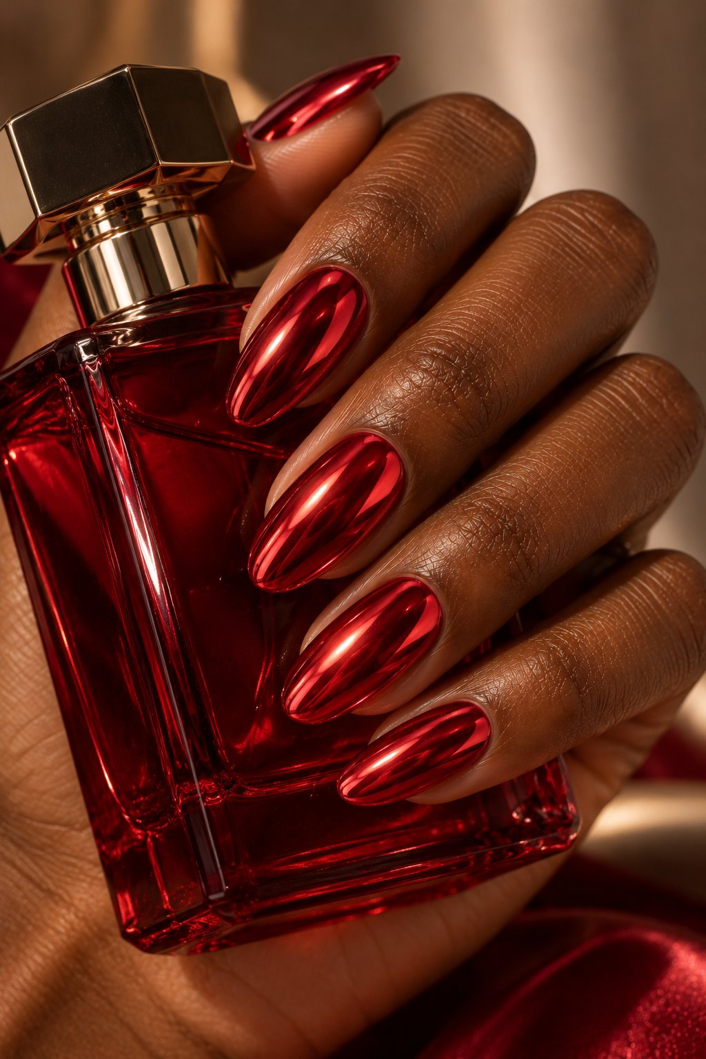 Metallic red chrome almond nails holding a red perfume bottle