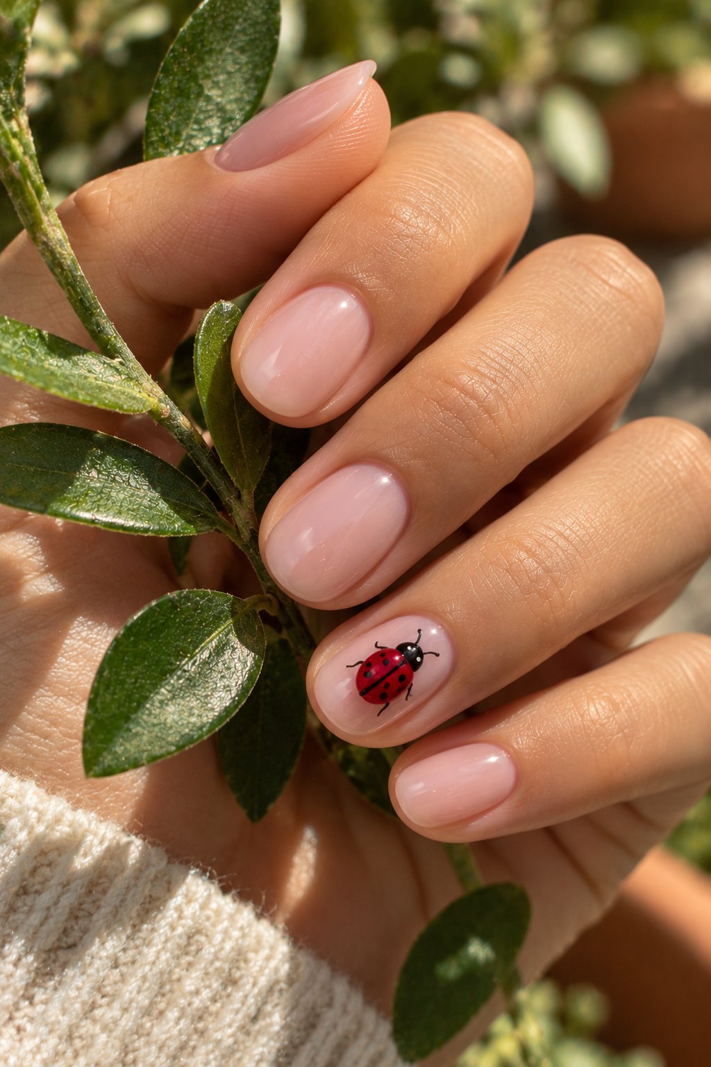 Milky pink short nails with a red ladybug accent nail holding a green sprig