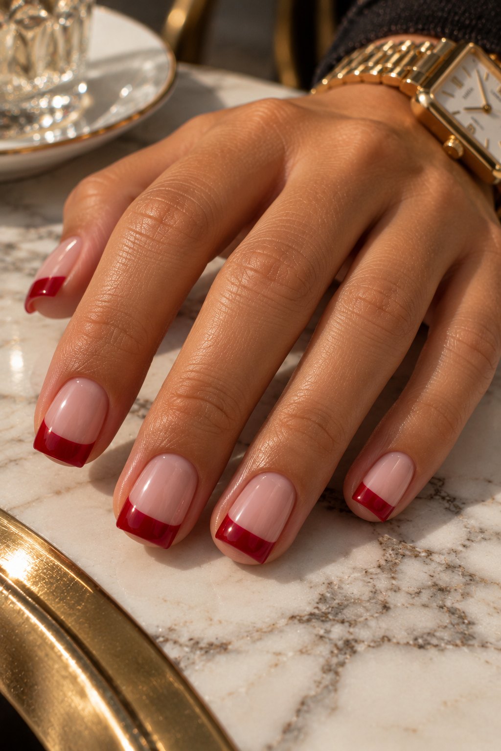 Short square nails with bold red square French tips on a marble table