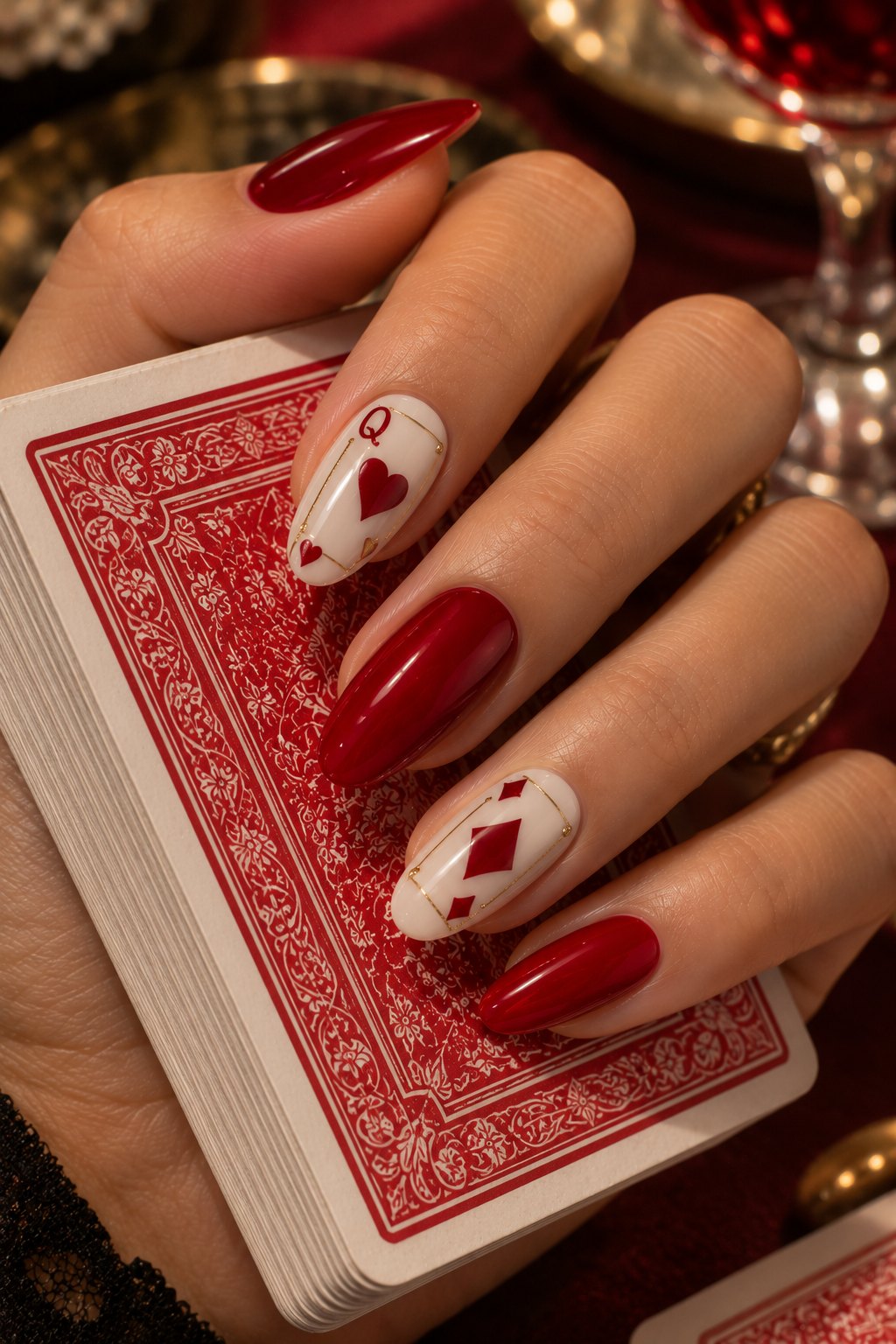 Red and white almond nails with playing card suit art holding a deck of cards