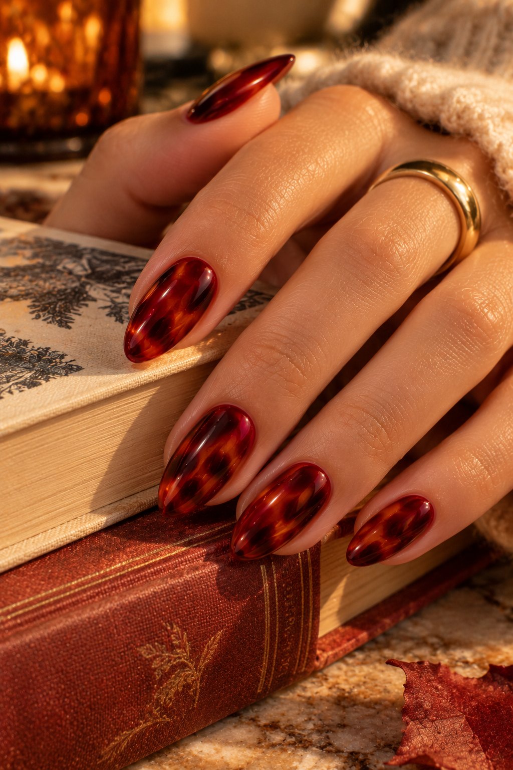 Red tortoiseshell almond nails resting on a stack of books